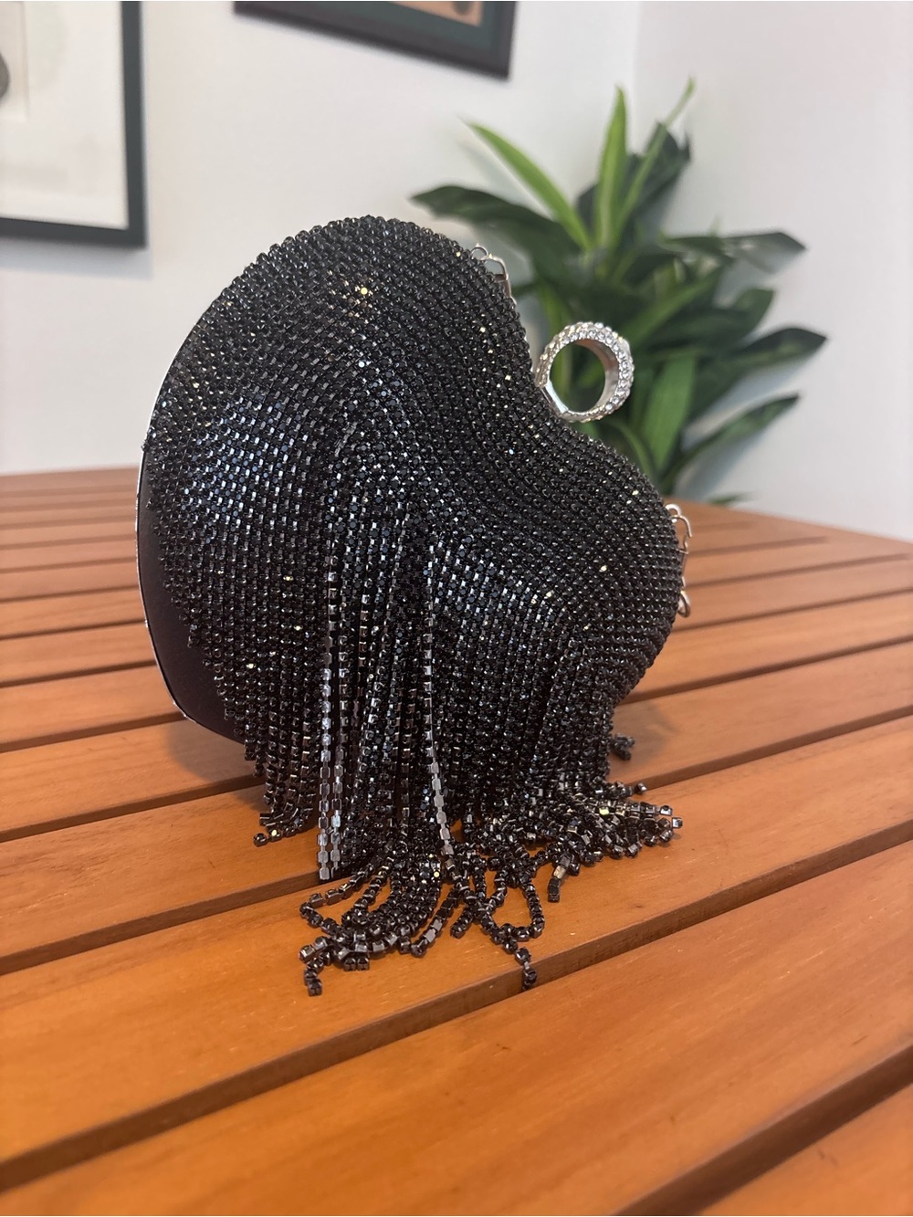 Black Heart Fringe Evening Clutch - Rhinestone Ring Handle